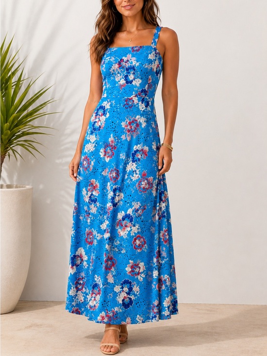 Zara Dresses & Skirts - Zara Blue Floral Maxi Dress Red White Strappy Tie Back Summer Boho Size Small